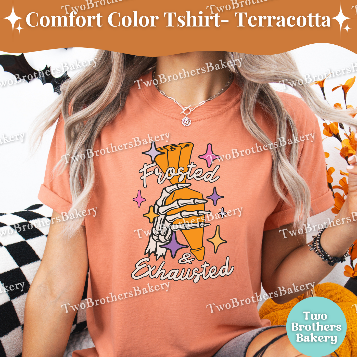 Frosted & Exhausted Halloween Baking Shirt, Skeleton Hand Baker Tee, Spooky Baker, Funny Tired Baker Gift, Halloween Baker, Piping Bag Tee