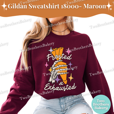 Frosted and Exhausted Halloween Baking Sweatshirt, Baking Skeleton, Fall Baking Pullover, Skeleton Hand, Halloween Baker, Spooky Baker