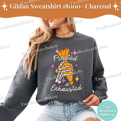 Frosted and Exhausted Halloween Baking Sweatshirt, Baking Skeleton, Fall Baking Pullover, Skeleton Hand, Halloween Baker, Spooky Baker
