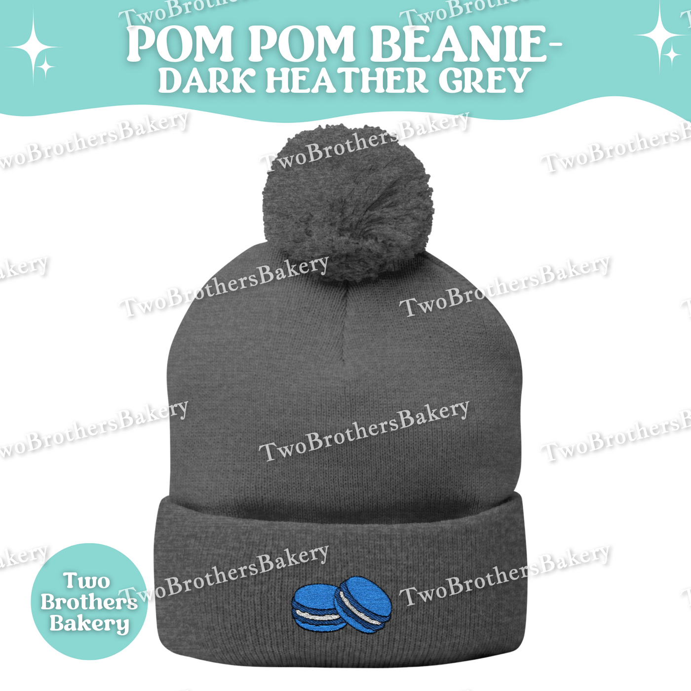 Embroidered Pom Pom Beanie, Blue Macaron Winter Hat, Cuffed Knit Beanie Hat, French Macaron Embroidery, Baker Gift, Cozy Fall Winter Hat