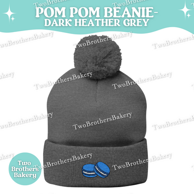Embroidered Pom Pom Beanie, Blue Macaron Winter Hat, Cuffed Knit Beanie Hat, French Macaron Embroidery, Baker Gift, Cozy Fall Winter Hat