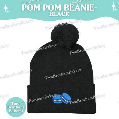 Embroidered Pom Pom Beanie, Blue Macaron Winter Hat, Cuffed Knit Beanie Hat, French Macaron Embroidery, Baker Gift, Cozy Fall Winter Hat