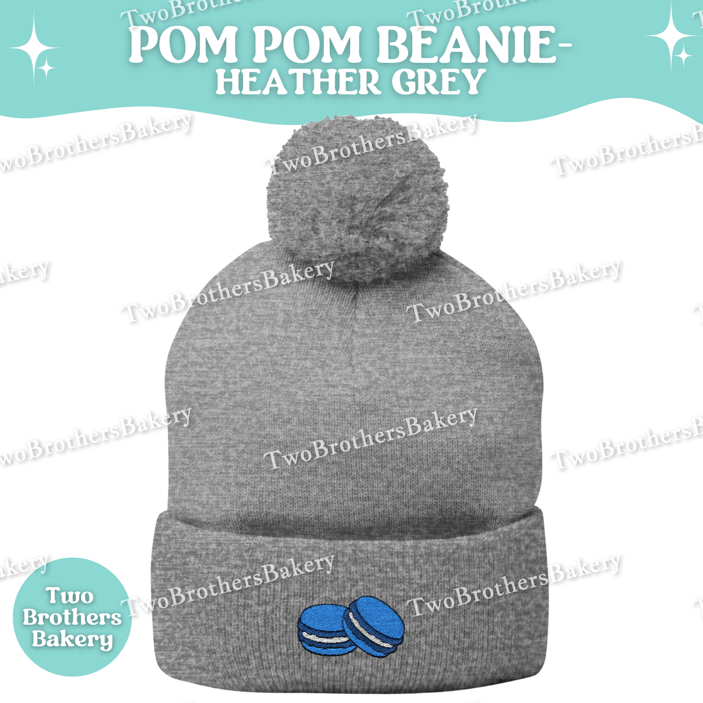 Embroidered Pom Pom Beanie, Blue Macaron Winter Hat, Cuffed Knit Beanie Hat, French Macaron Embroidery, Baker Gift, Cozy Fall Winter Hat