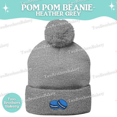 Embroidered Pom Pom Beanie, Blue Macaron Winter Hat, Cuffed Knit Beanie Hat, French Macaron Embroidery, Baker Gift, Cozy Fall Winter Hat
