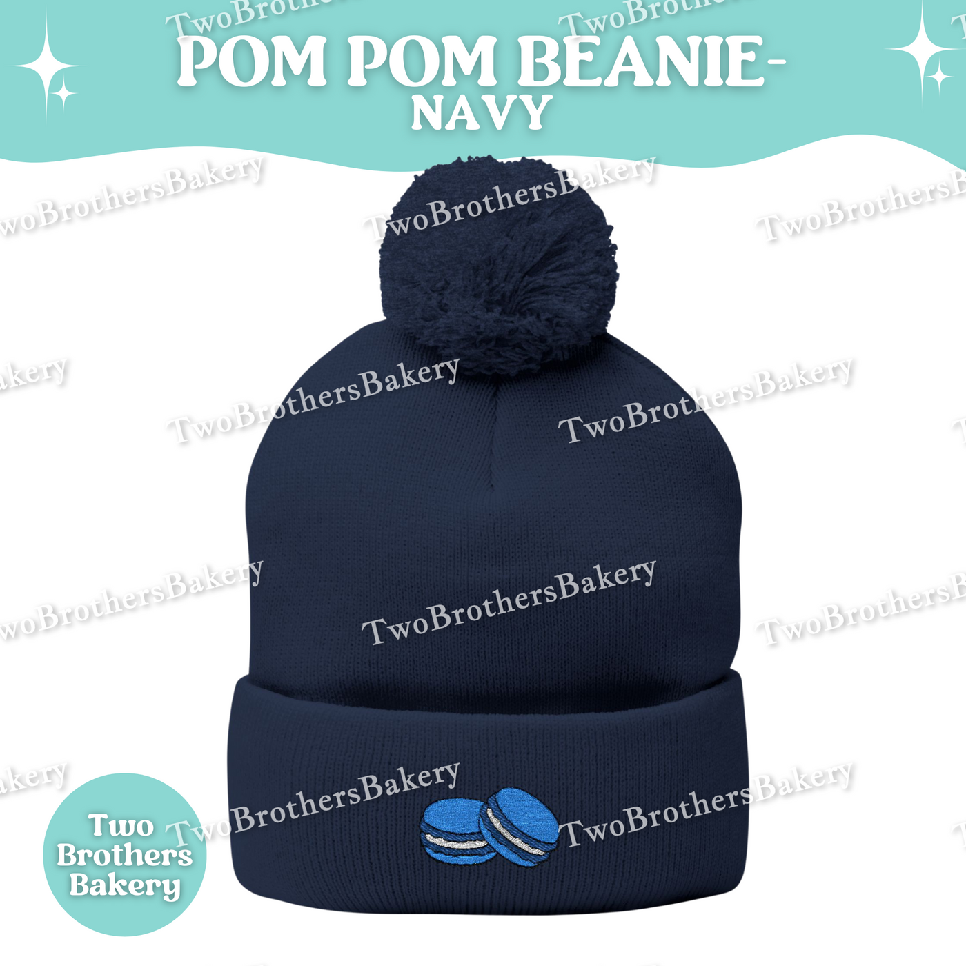Embroidered Pom Pom Beanie, Blue Macaron Winter Hat, Cuffed Knit Beanie Hat, French Macaron Embroidery, Baker Gift, Cozy Fall Winter Hat