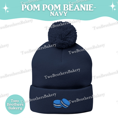 Embroidered Pom Pom Beanie, Blue Macaron Winter Hat, Cuffed Knit Beanie Hat, French Macaron Embroidery, Baker Gift, Cozy Fall Winter Hat
