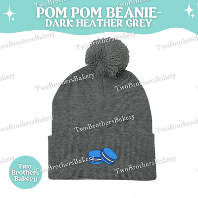Embroidered Pom Pom Beanie, Blue Macaron Winter Hat, Cuffed Knit Beanie Hat, French Macaron Embroidery, Baker Gift, Cozy Fall Winter Hat