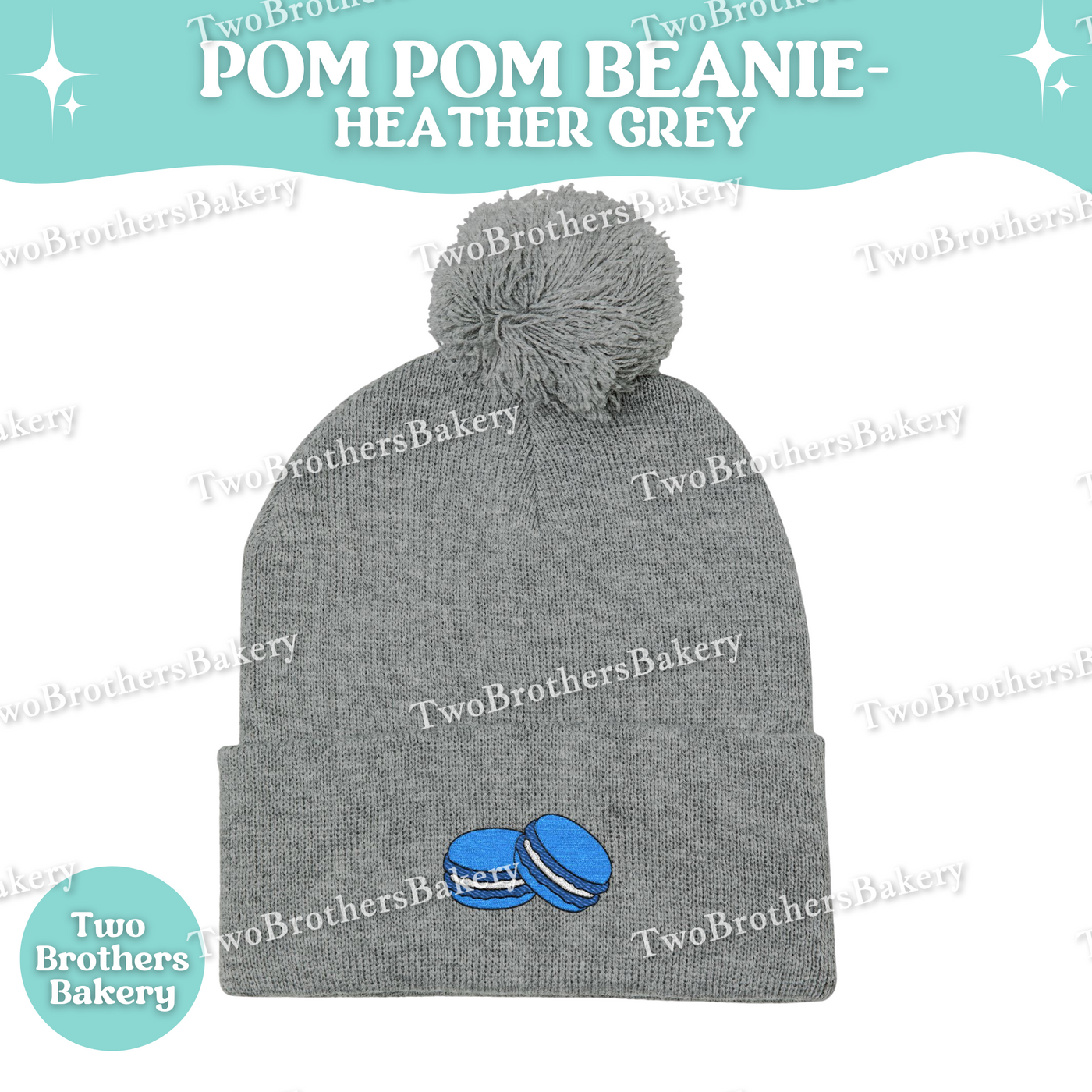 Embroidered Pom Pom Beanie, Blue Macaron Winter Hat, Cuffed Knit Beanie Hat, French Macaron Embroidery, Baker Gift, Cozy Fall Winter Hat