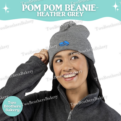 Embroidered Pom Pom Beanie, Blue Macaron Winter Hat, Cuffed Knit Beanie Hat, French Macaron Embroidery, Baker Gift, Cozy Fall Winter Hat
