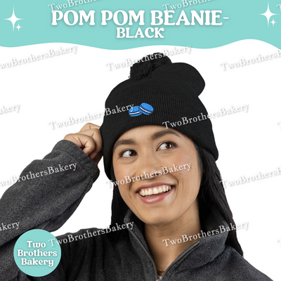 Embroidered Pom Pom Beanie, Blue Macaron Winter Hat, Cuffed Knit Beanie Hat, French Macaron Embroidery, Baker Gift, Cozy Fall Winter Hat
