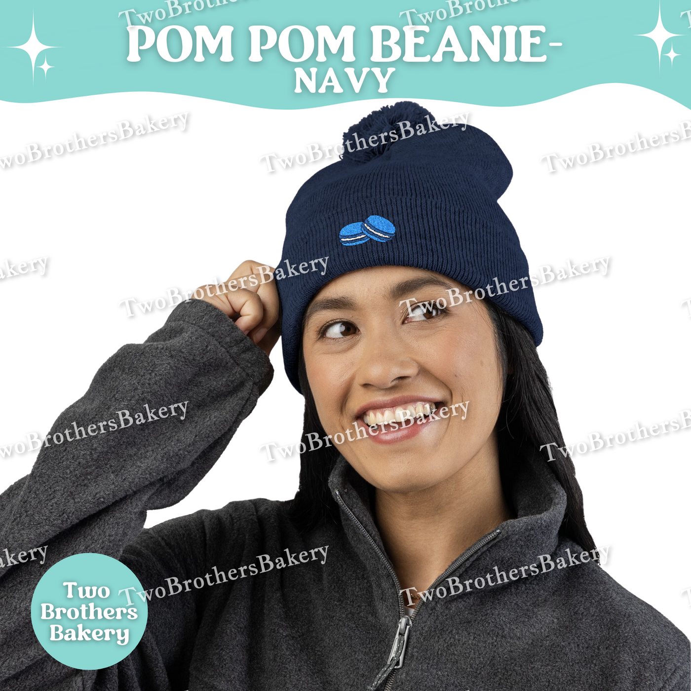 Embroidered Pom Pom Beanie, Blue Macaron Winter Hat, Cuffed Knit Beanie Hat, French Macaron Embroidery, Baker Gift, Cozy Fall Winter Hat