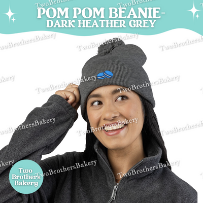 Embroidered Pom Pom Beanie, Blue Macaron Winter Hat, Cuffed Knit Beanie Hat, French Macaron Embroidery, Baker Gift, Cozy Fall Winter Hat