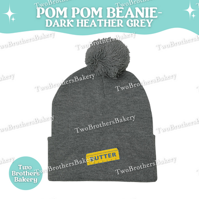 Butter Beanie Hat, Embroidered Pom Pom Winter Hat, Cuffed Knit Beanie For Bakers, Funny Foodie Gift, Cozy Cold Weather Baking Hat, Butter