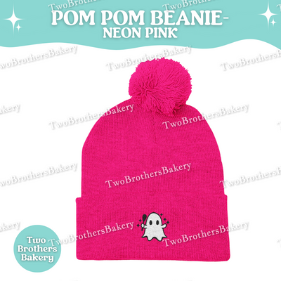 Halloween Ghost Beanie, Embroidered Pom Pom Hat, Baking Themed Beanie, Cozy Fall Beanie For Bakers, Halloween Kitchen Apparel, Ghost baker