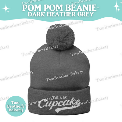 Team Cupcake Embroidered Beanie, Pom Pom Winter Hat, Cozy Baker Gift, Cupcake Lover Apparel, Dark Heather Grey Knit Beanie
