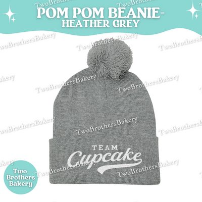 Team Cupcake Embroidered Beanie, Pom Pom Winter Hat, Cozy Baker Gift, Cupcake Lover Apparel, Dark Heather Grey Knit Beanie