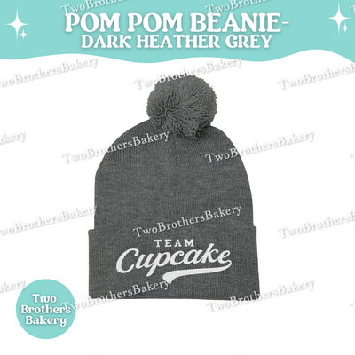 Team Cupcake Embroidered Beanie, Pom Pom Winter Hat, Cozy Baker Gift, Cupcake Lover Apparel, Dark Heather Grey Knit Beanie