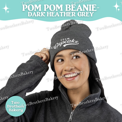 Team Cupcake Embroidered Beanie, Pom Pom Winter Hat, Cozy Baker Gift, Cupcake Lover Apparel, Dark Heather Grey Knit Beanie
