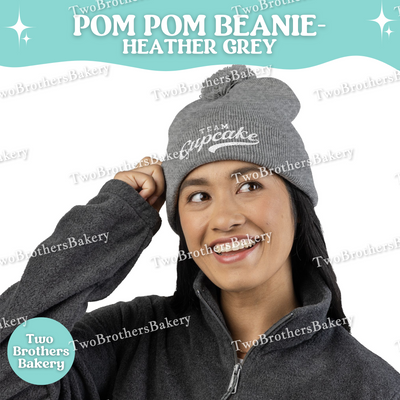 Team Cupcake Embroidered Beanie, Pom Pom Winter Hat, Cozy Baker Gift, Cupcake Lover Apparel, Dark Heather Grey Knit Beanie