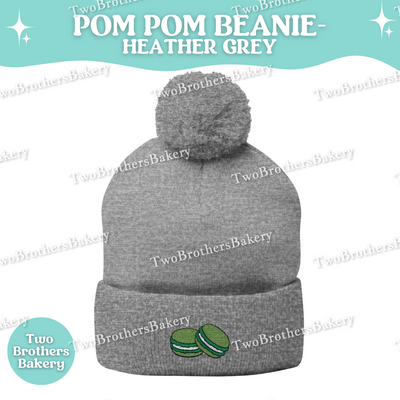 Green Macaron Beanie, Embroidered Pom Pom Hat, Macaron Lover Winter Beanie, Cozy Baker Gift, Beanie For Bakers, Macaron Embroidery Beanie