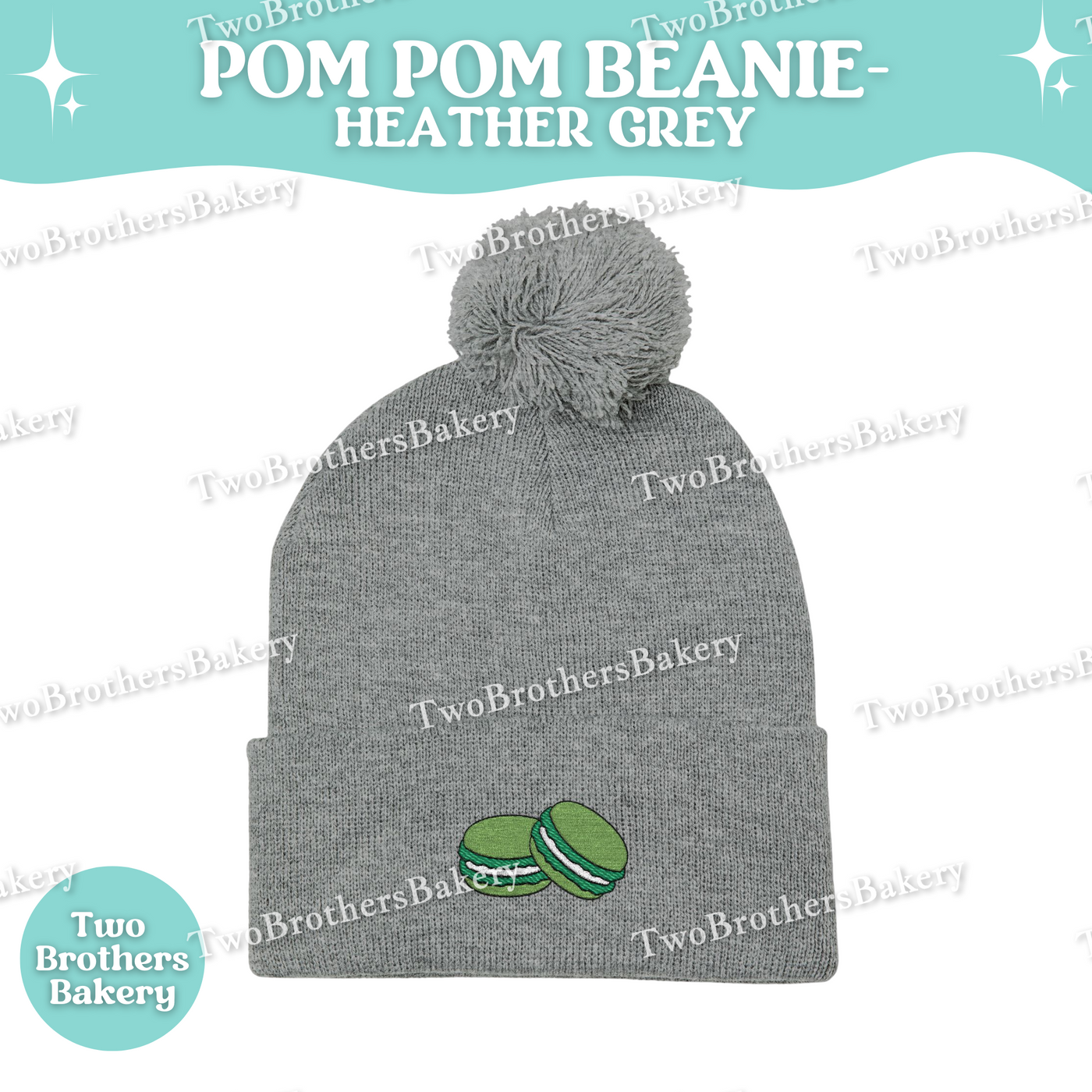 Green Macaron Beanie, Embroidered Pom Pom Hat, Macaron Lover Winter Beanie, Cozy Baker Gift, Beanie For Bakers, Macaron Embroidery Beanie