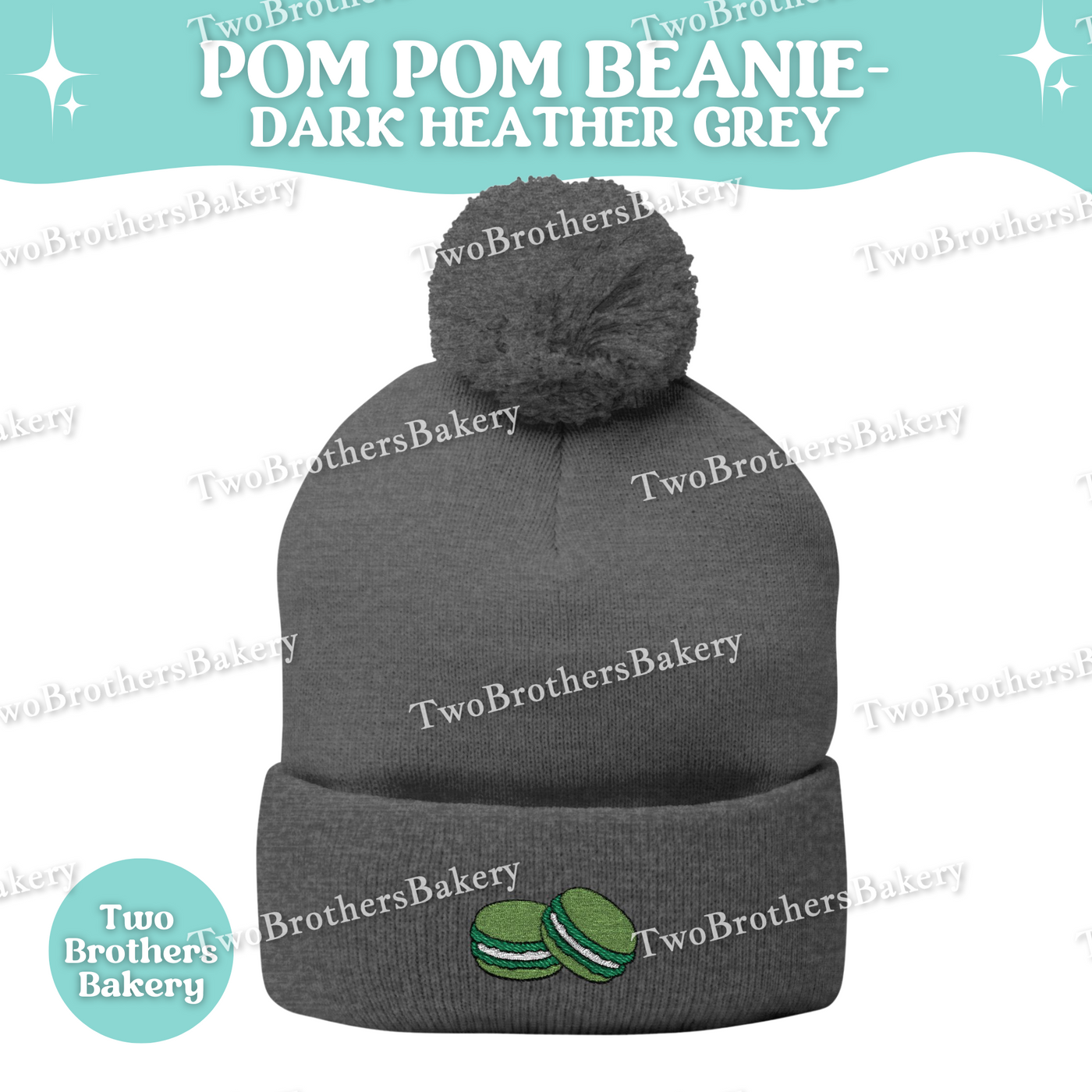 Green Macaron Beanie, Embroidered Pom Pom Hat, Macaron Lover Winter Beanie, Cozy Baker Gift, Beanie For Bakers, Macaron Embroidery Beanie
