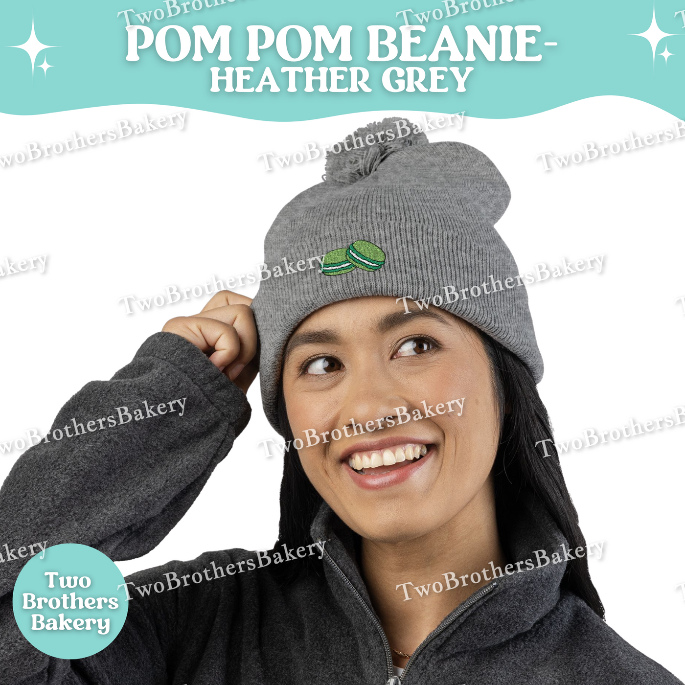 Green Macaron Beanie, Embroidered Pom Pom Hat, Macaron Lover Winter Beanie, Cozy Baker Gift, Beanie For Bakers, Macaron Embroidery Beanie