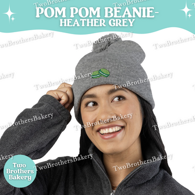 Green Macaron Beanie, Embroidered Pom Pom Hat, Macaron Lover Winter Beanie, Cozy Baker Gift, Beanie For Bakers, Macaron Embroidery Beanie