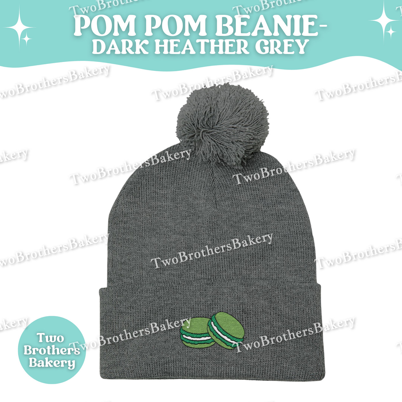 Green Macaron Beanie, Embroidered Pom Pom Hat, Macaron Lover Winter Beanie, Cozy Baker Gift, Beanie For Bakers, Macaron Embroidery Beanie