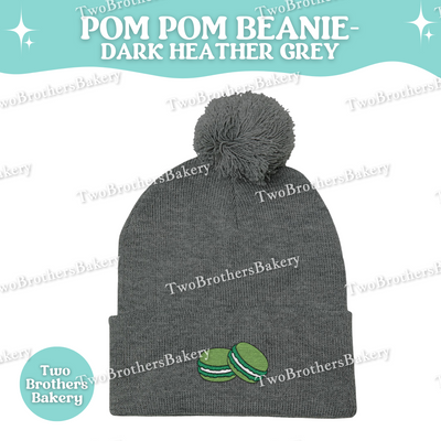 Green Macaron Beanie, Embroidered Pom Pom Hat, Macaron Lover Winter Beanie, Cozy Baker Gift, Beanie For Bakers, Macaron Embroidery Beanie