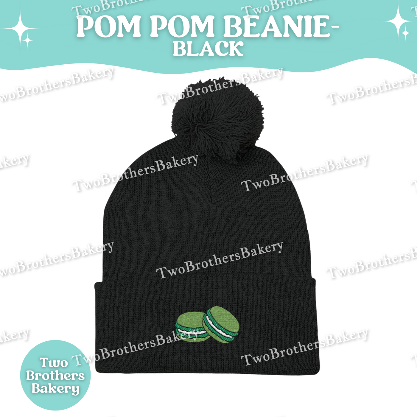 Green Macaron Beanie, Embroidered Pom Pom Hat, Macaron Lover Winter Beanie, Cozy Baker Gift, Beanie For Bakers, Macaron Embroidery Beanie