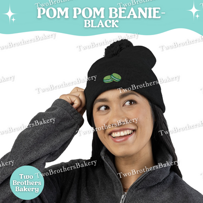 Green Macaron Beanie, Embroidered Pom Pom Hat, Macaron Lover Winter Beanie, Cozy Baker Gift, Beanie For Bakers, Macaron Embroidery Beanie