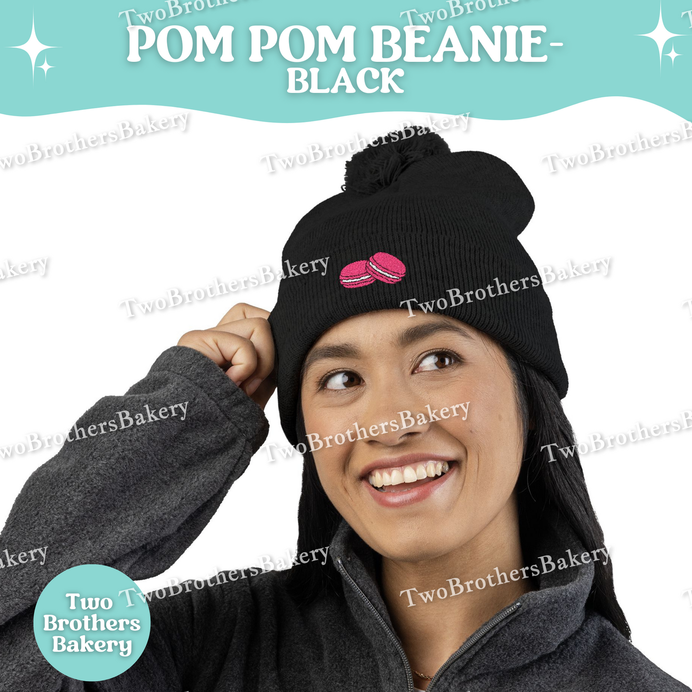 Pink Macaron Beanie, Embroidered Pom Pom Hat, Dessert Lover Winter Beanie, Cute Baker Gift, Macaron Embroidery, Macaron Beanie, Macaron Hat