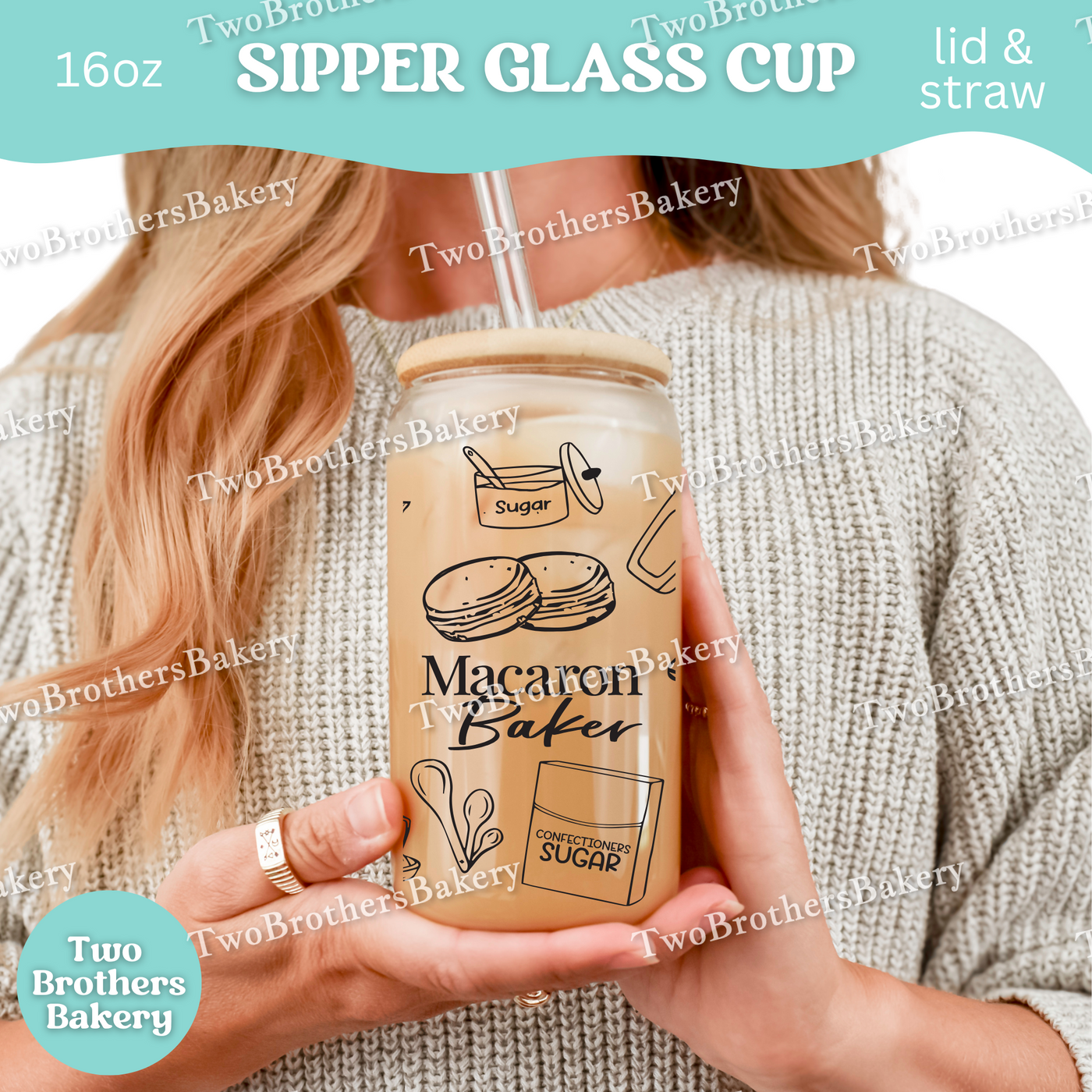 Macaron Baker Glass Cup, 16oz Sipper With Lid And Straw, Bamboo Lid Glass, Iced Coffee Cup For Bakers, Macaron Lover Gift, Bakers Glassware