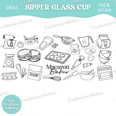 Macaron Baker Glass Cup, 16oz Sipper With Lid And Straw, Bamboo Lid Glass, Iced Coffee Cup For Bakers, Macaron Lover Gift, Bakers Glassware