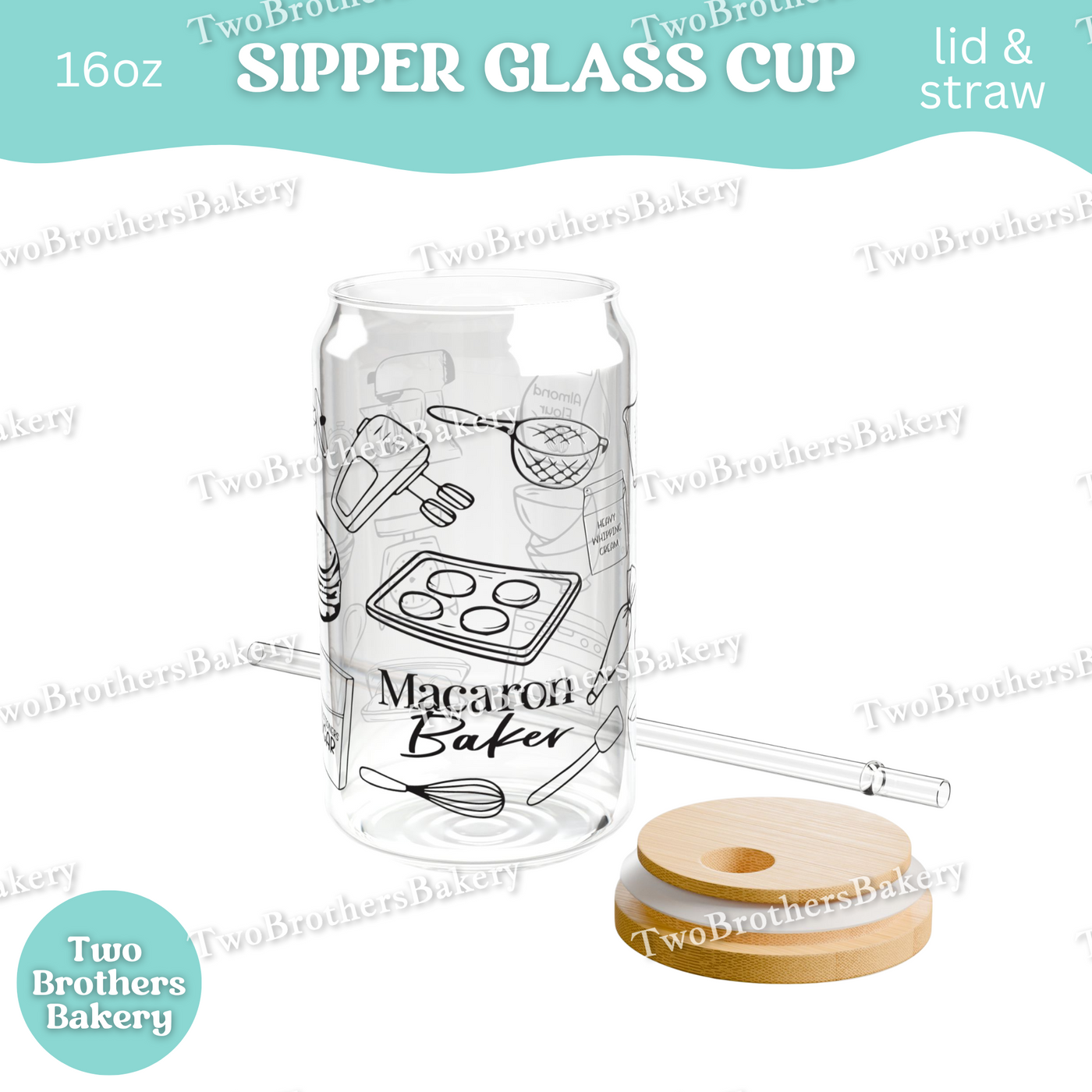 Macaron Baker Glass Cup, 16oz Sipper With Lid And Straw, Bamboo Lid Glass, Iced Coffee Cup For Bakers, Macaron Lover Gift, Bakers Glassware