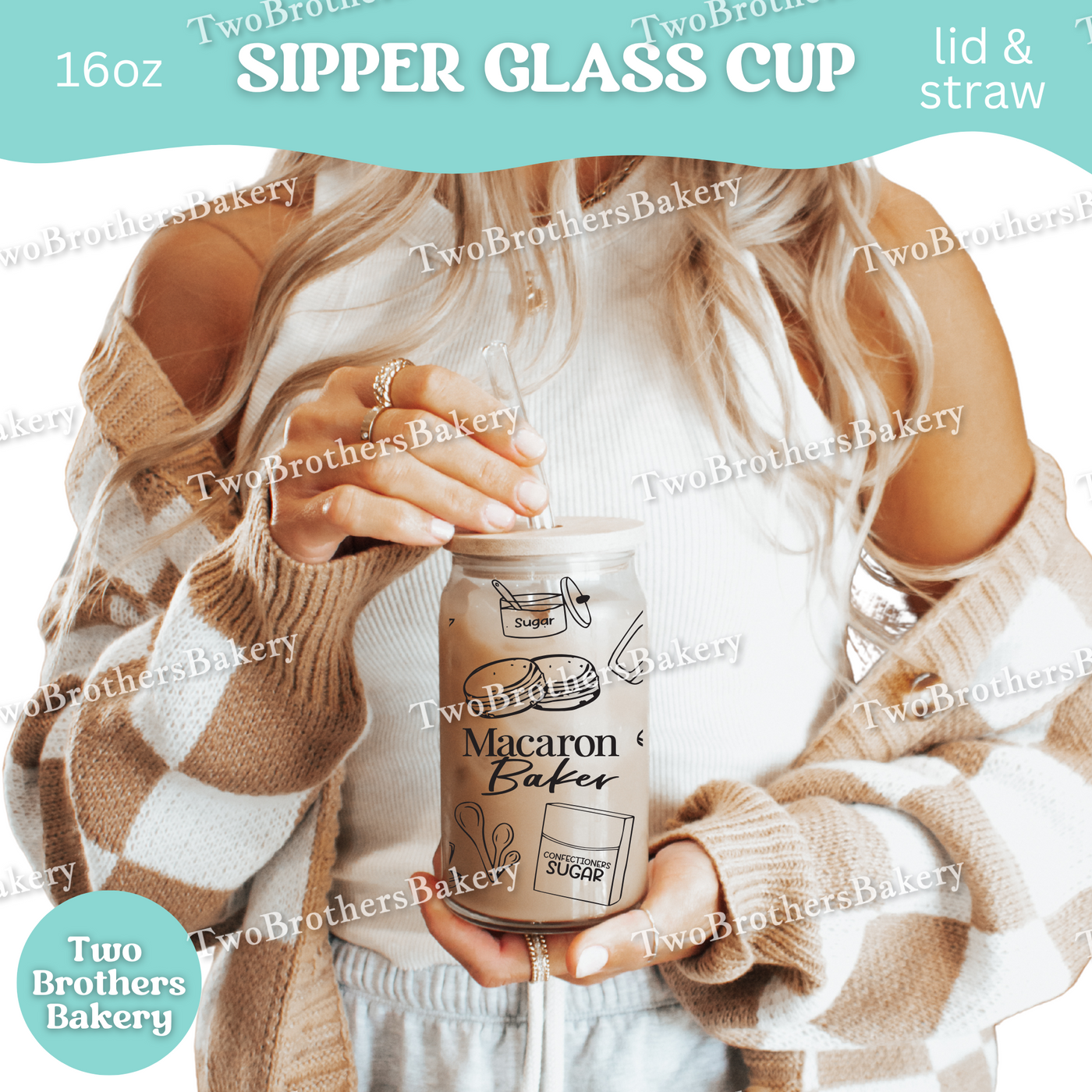 Macaron Baker Glass Cup, 16oz Sipper With Lid And Straw, Bamboo Lid Glass, Iced Coffee Cup For Bakers, Macaron Lover Gift, Bakers Glassware