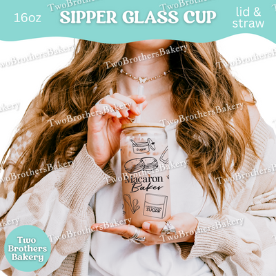 Macaron Baker Glass Cup, 16oz Sipper With Lid And Straw, Bamboo Lid Glass, Iced Coffee Cup For Bakers, Macaron Lover Gift, Bakers Glassware