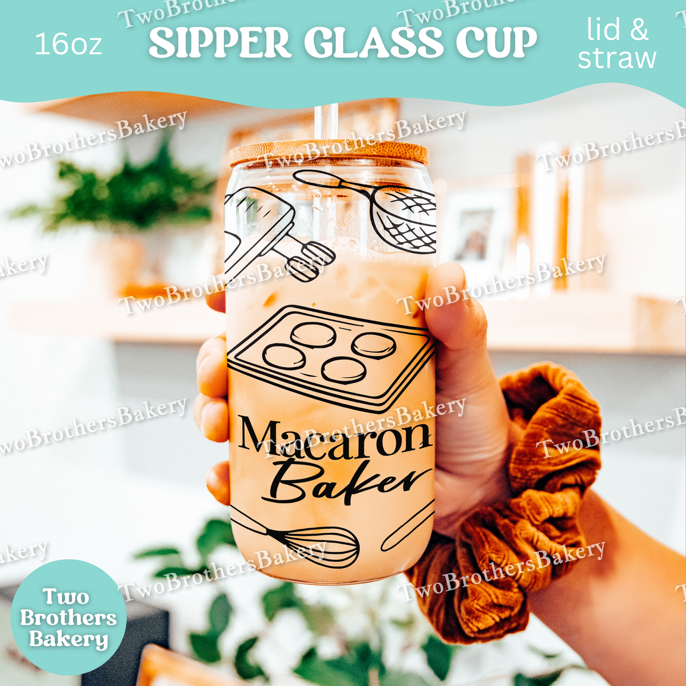 Macaron Baker Glass Cup, 16oz Sipper With Lid And Straw, Bamboo Lid Glass, Iced Coffee Cup For Bakers, Macaron Lover Gift, Bakers Glassware