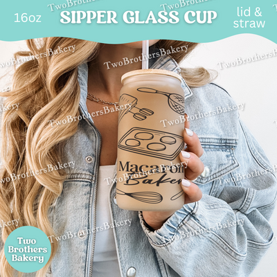 Macaron Baker Glass Cup, 16oz Sipper With Lid And Straw, Bamboo Lid Glass, Iced Coffee Cup For Bakers, Macaron Lover Gift, Bakers Glassware