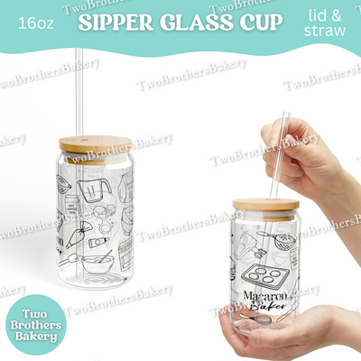 Macaron Baker Glass Cup, 16oz Sipper With Lid And Straw, Bamboo Lid Glass, Iced Coffee Cup For Bakers, Macaron Lover Gift, Bakers Glassware