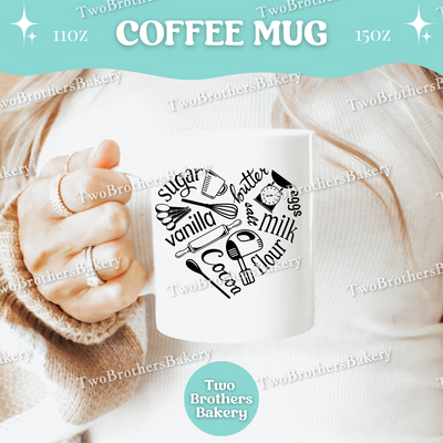 Baking Ingredients Coffee Mug, 11oz 15oz Ceramic Cup, Dishwasher Microwave Safe, Gift for Bakers, Flour Sugar Cocoa Vanilla, Baking Heart