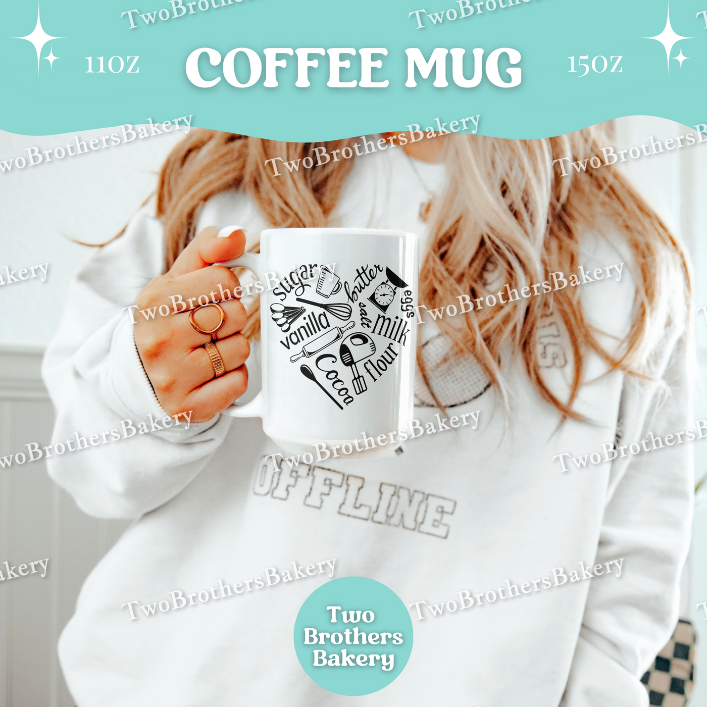 Baking Ingredients Coffee Mug, 11oz 15oz Ceramic Cup, Dishwasher Microwave Safe, Gift for Bakers, Flour Sugar Cocoa Vanilla, Baking Heart