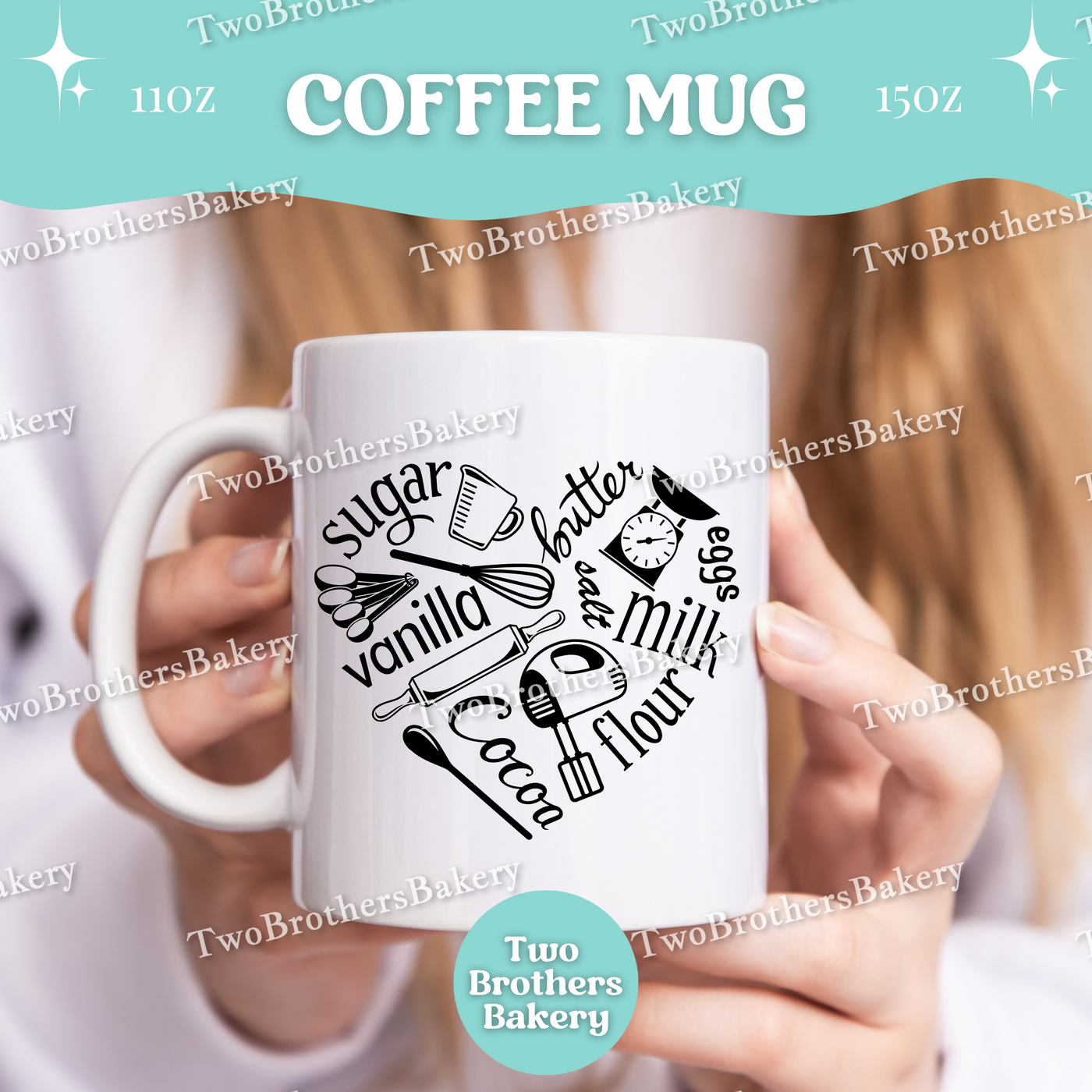 Baking Ingredients Coffee Mug, 11oz 15oz Ceramic Cup, Dishwasher Microwave Safe, Gift for Bakers, Flour Sugar Cocoa Vanilla, Baking Heart