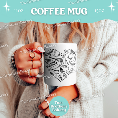 Baking Ingredients Coffee Mug, 11oz 15oz Ceramic Cup, Dishwasher Microwave Safe, Gift for Bakers, Flour Sugar Cocoa Vanilla, Baking Heart