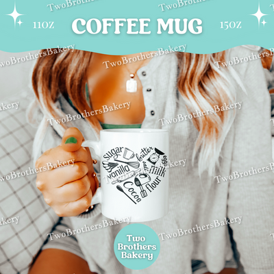 Baking Ingredients Coffee Mug, 11oz 15oz Ceramic Cup, Dishwasher Microwave Safe, Gift for Bakers, Flour Sugar Cocoa Vanilla, Baking Heart