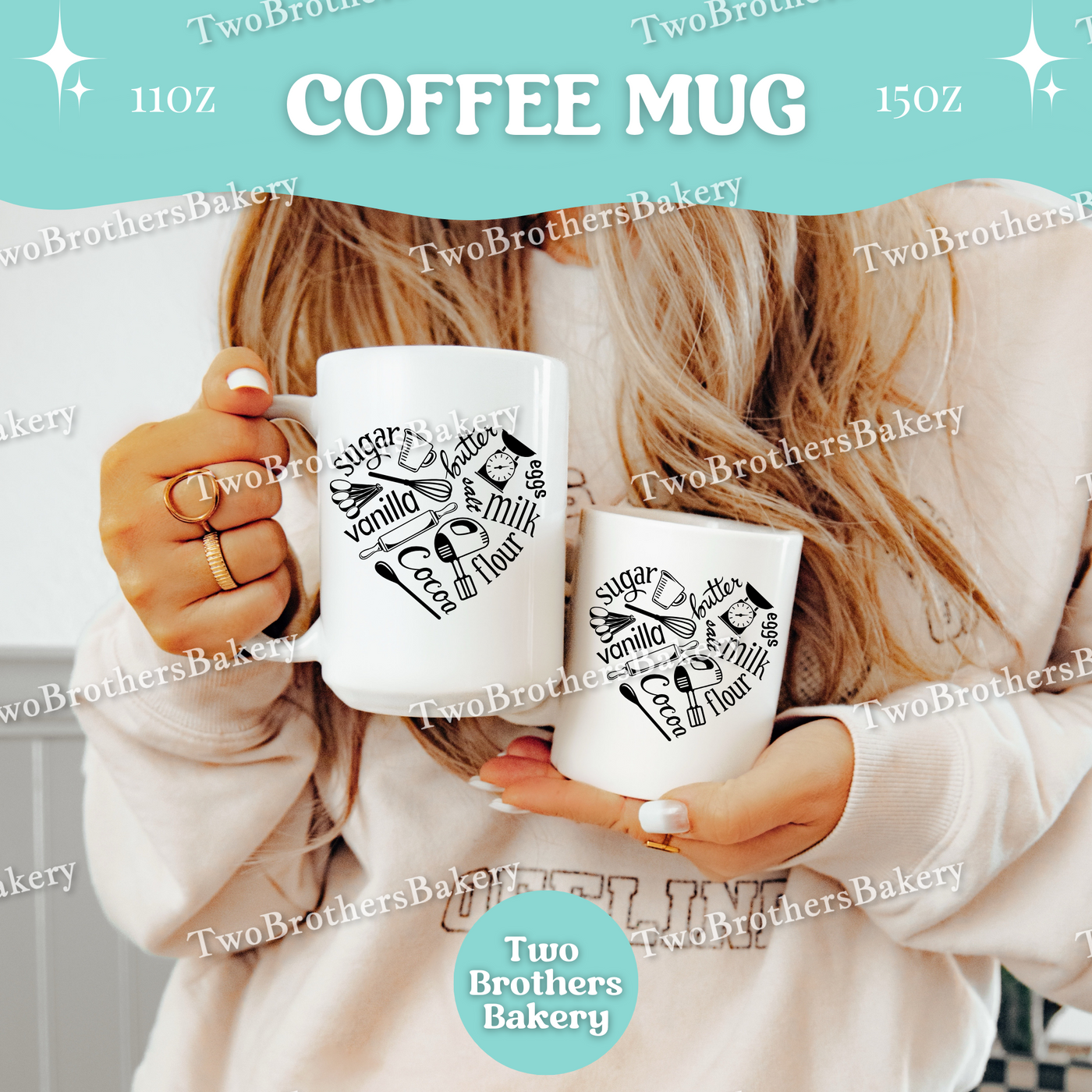 Baking Ingredients Coffee Mug, 11oz 15oz Ceramic Cup, Dishwasher Microwave Safe, Gift for Bakers, Flour Sugar Cocoa Vanilla, Baking Heart