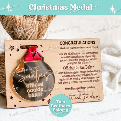Personalized Santa’s Official Baker Medal, Laser Engraved Gold Mirror Acrylic Christmas Award for Cookie or Macaron Bakers, Holiday Market Display or Ornament Gift, Custom with Name or Bakery Name