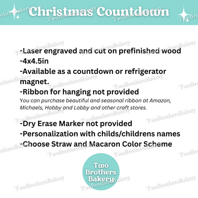 Personalized Christmas Countdown Sign, Laser Engraved Macaron & Milk Bottle Design, Custom Name Holiday Countdown, Choose Red, Green, or Blue Theme, Hangable or Magnet Option, Dry Erase Reusable Countdown for Macaron Bakers & Families