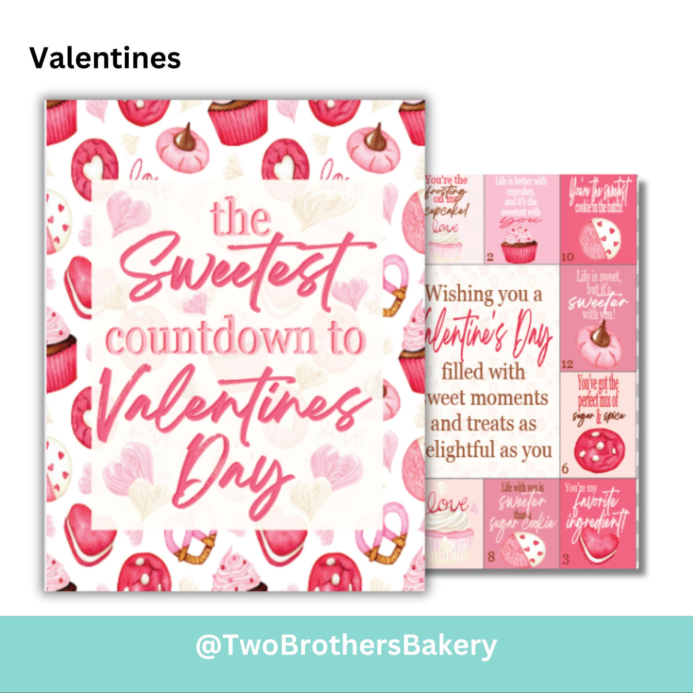Valentine's Day-themed advent boxes with pink and white design, featuring text and graphics.